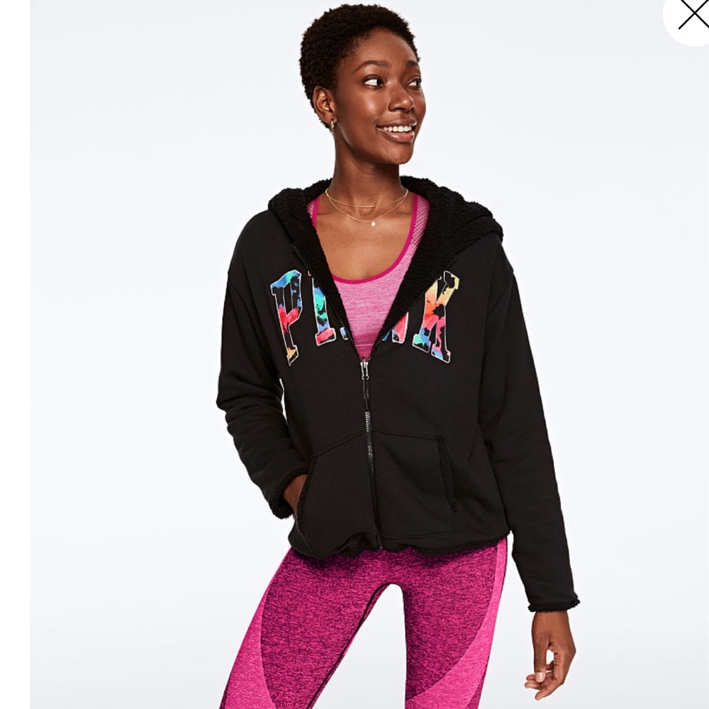 Victoria secret pink black Sherpa zip hoodie med